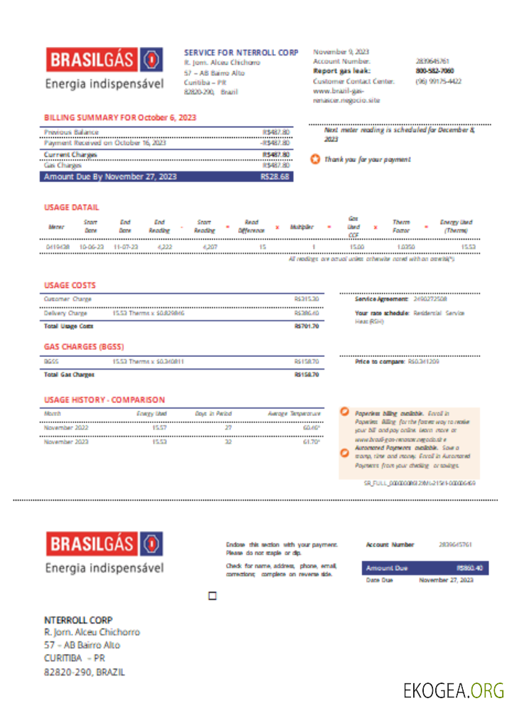 Brésil Facture commerciale de service public de gaz, SCR